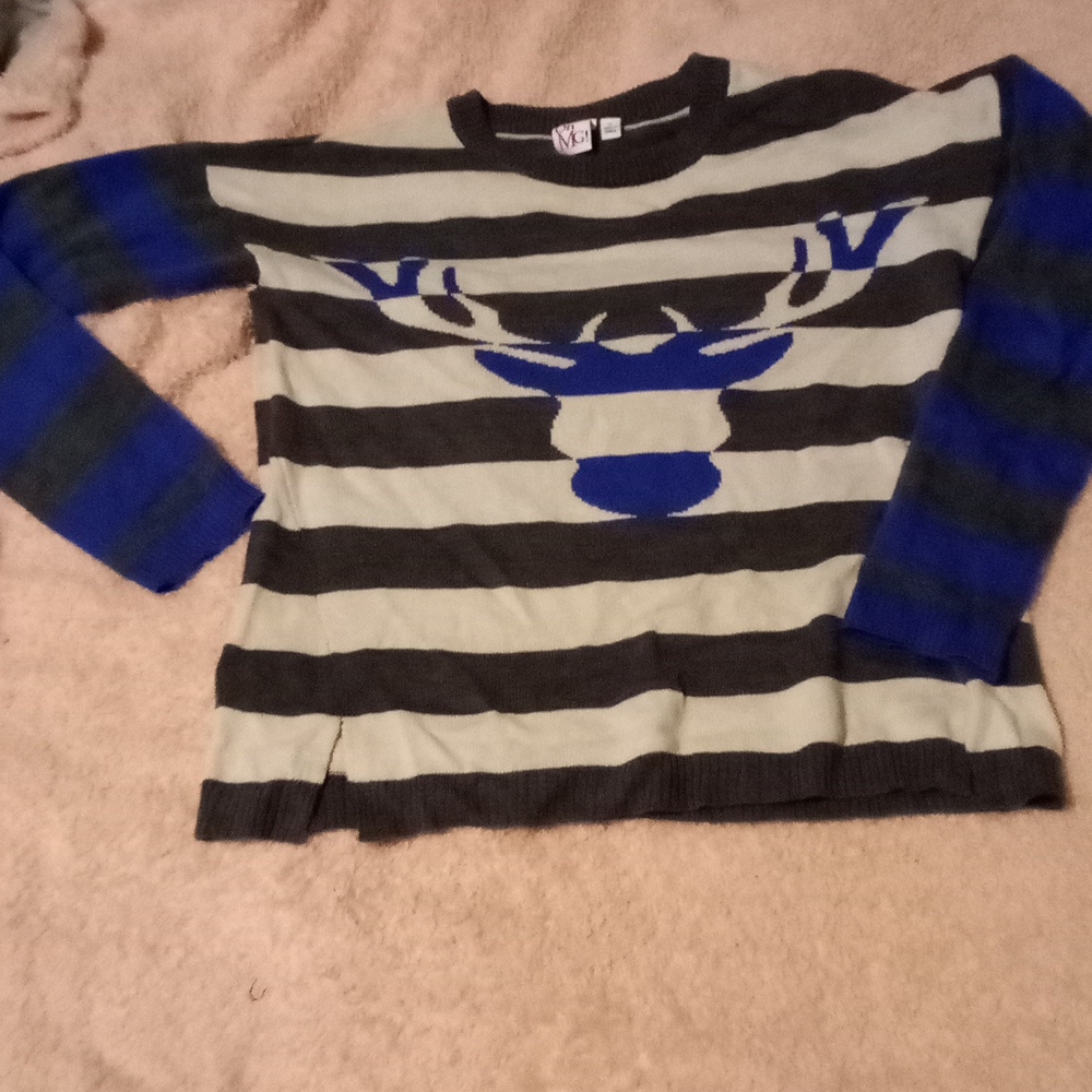 Gray,cream and blue stripe sweater with deer